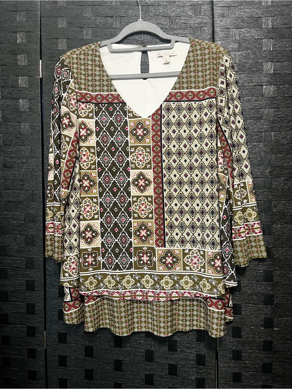 Boho Patchwork V-Neck Tunic Top by Cb Olive/Red Size XL